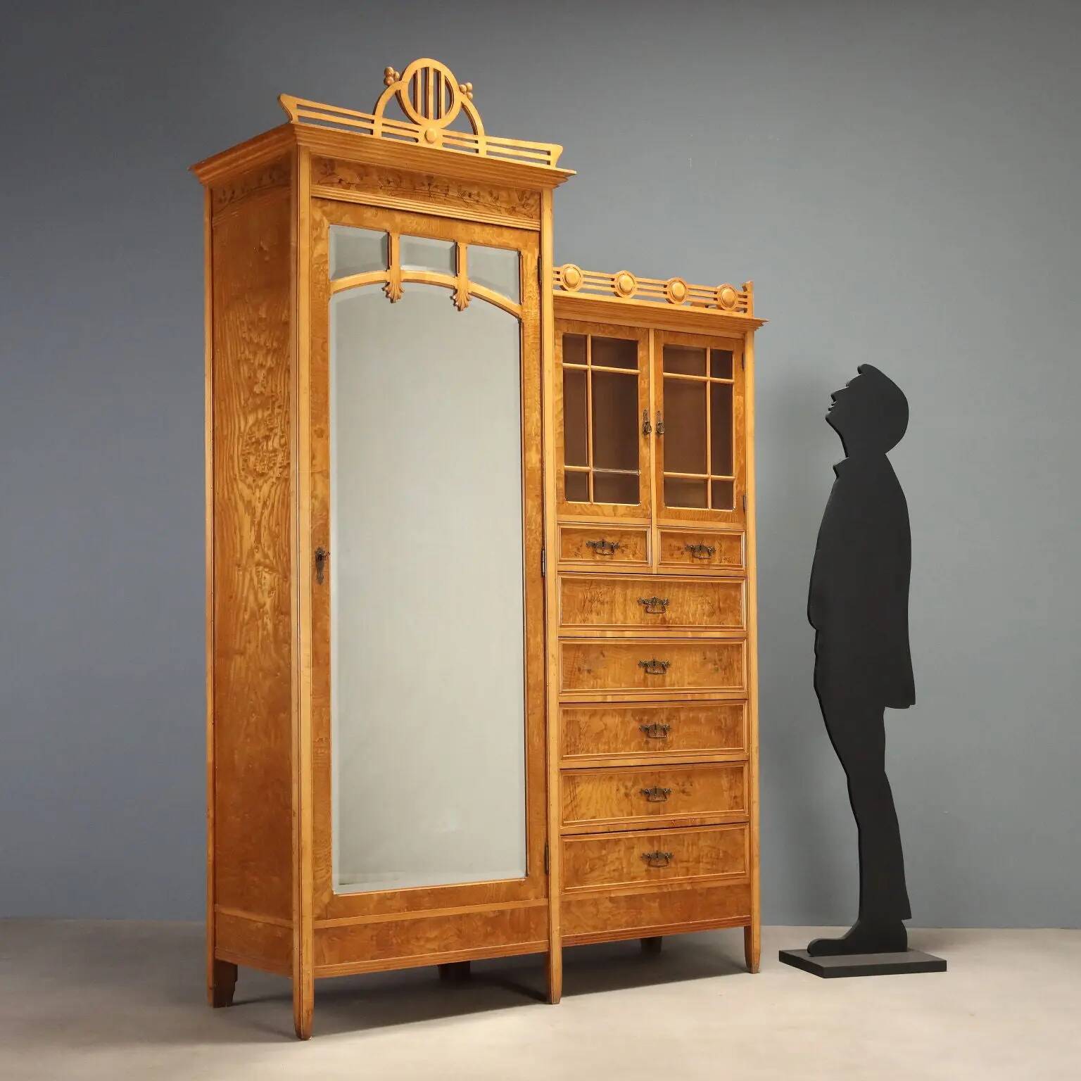 Antique Art Nouveau wardrobe in ash and maple, Italy, 20th century