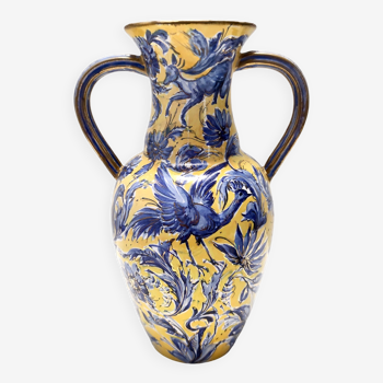 Handmade Yellow and Blue Glazed Ceramic Amphora Vase by Zulimo Aretini, Italy