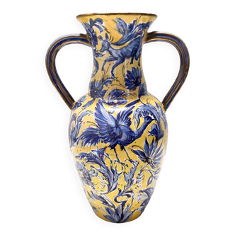 Vase amphore en céramique émaillée jaune et bleue fait à la main par Zulimo Aretini, Italie