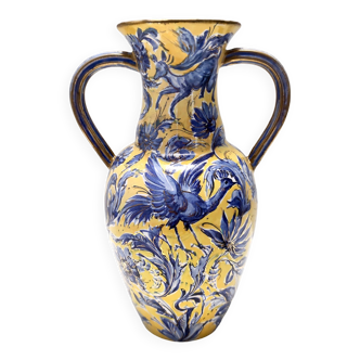 Handmade Yellow and Blue Glazed Ceramic Amphora Vase by Zulimo Aretini, Italy