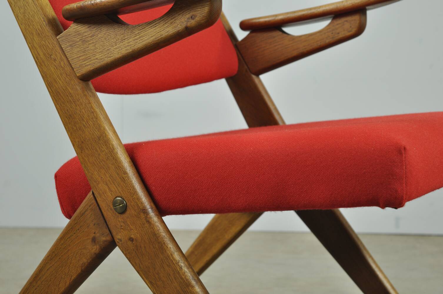 Classic Danish vintage scissor armchair by Arne Hovmand Olsen in OAK, 1960s
