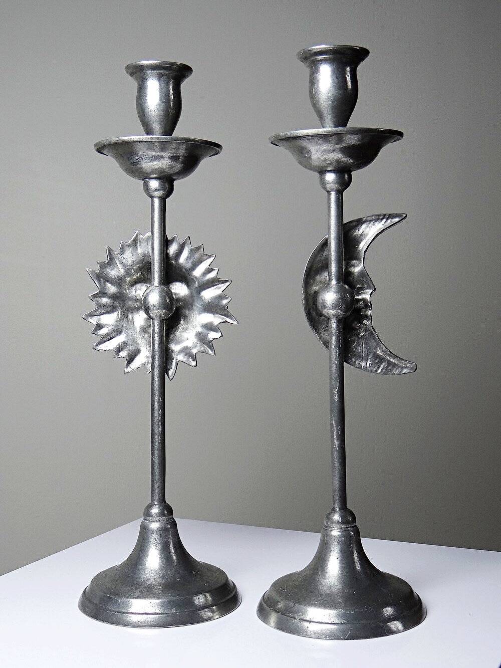 Pair of handcrafted candle holders Sun & Moon vintage mid-century silver-plated tin
