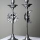 Pair of handcrafted candle holders Sun & Moon vintage mid-century silver-plated tin