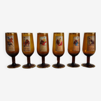 Rare set of 6 tinted glasses decorated with posters of famous bullfighters 1960