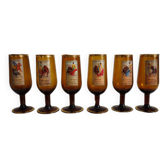 Rare set of 6 tinted glasses decorated with posters of famous bullfighters 1960