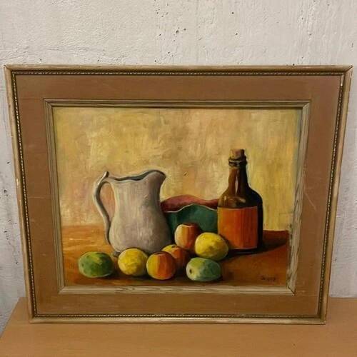 Swedish Oil on Board “Still Life with Jug,Bottle and Fruit” By CW Framed 60×51cm