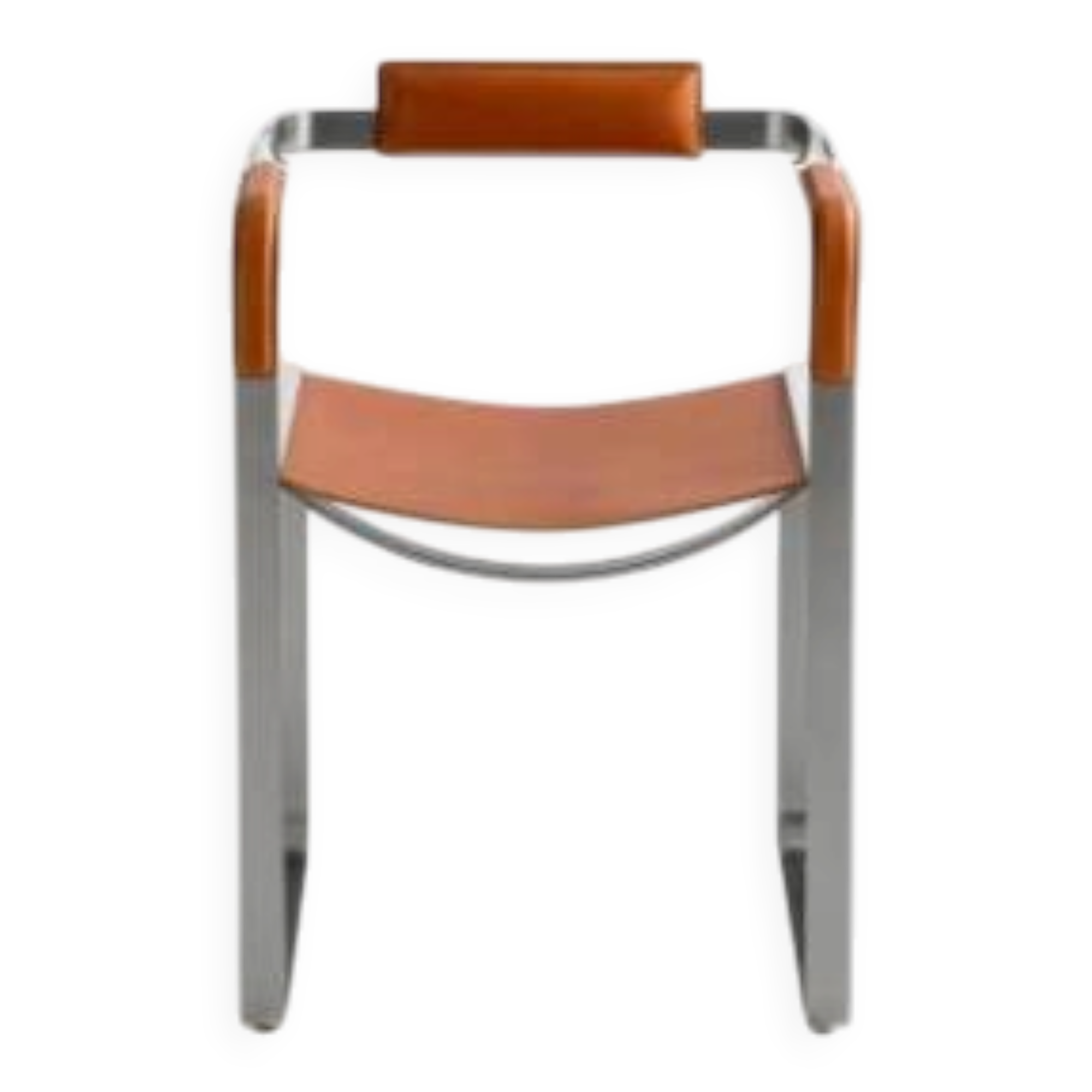Armchair, aged silver steel and natural tobacco saddle leather.
