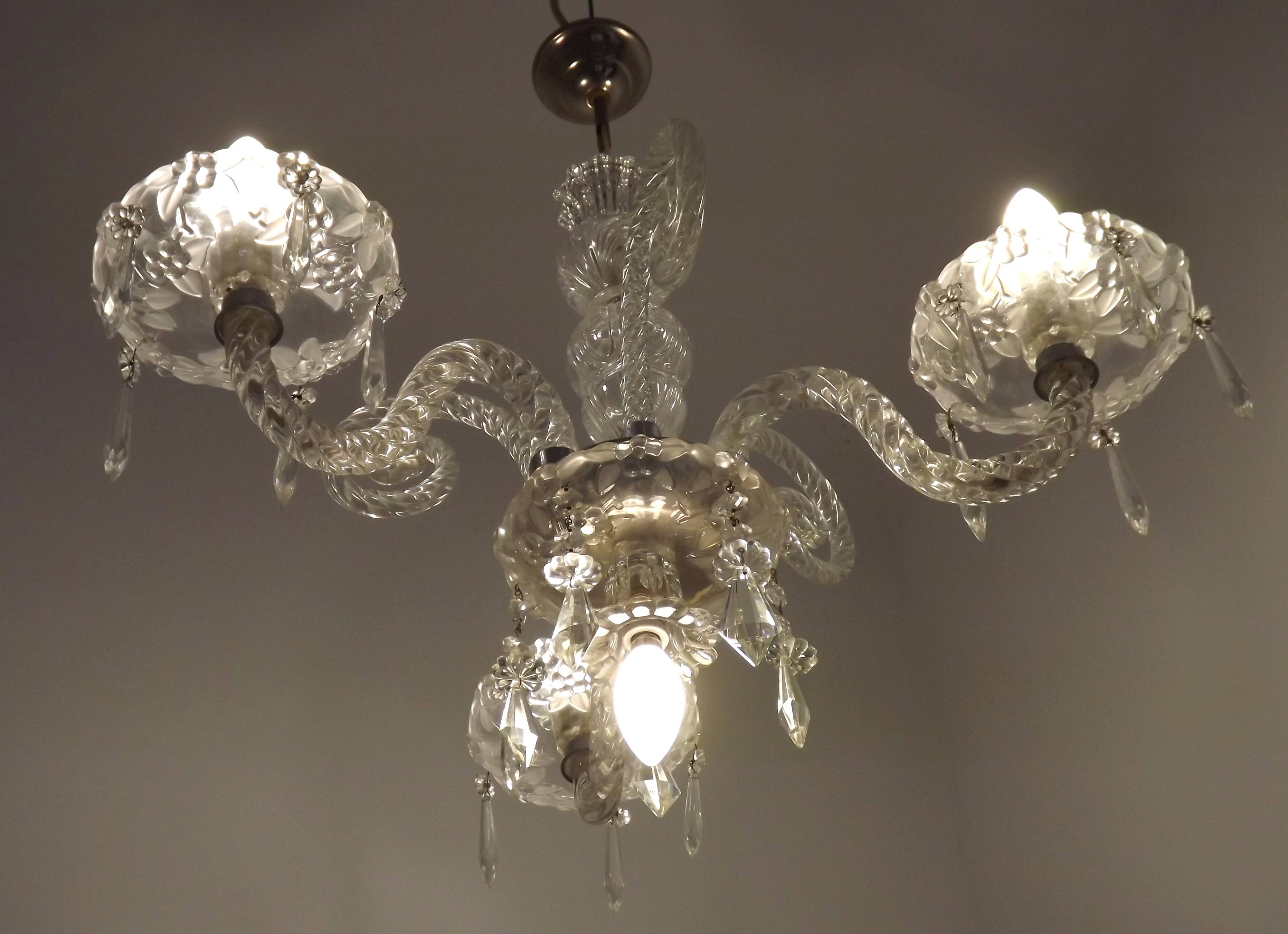 French antique glass and crystal barley twist three-armed four-light chandelier 5135