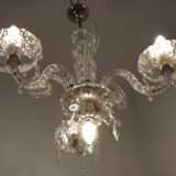 French Antique Glass and Crystal Barley Twist 3 Armed 4-Light Chandelier 5135
