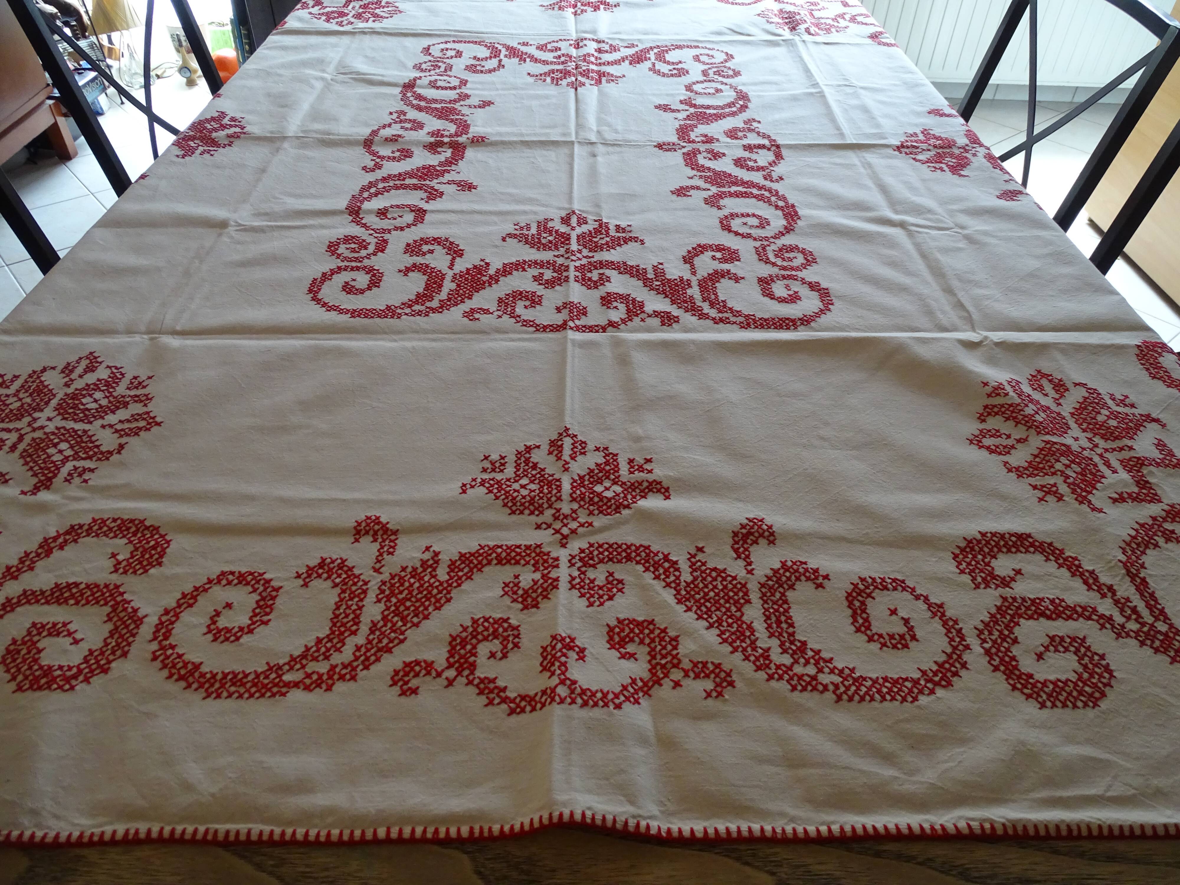 Cross-stitch embroidered tablecloth 160 x 130 in cotton