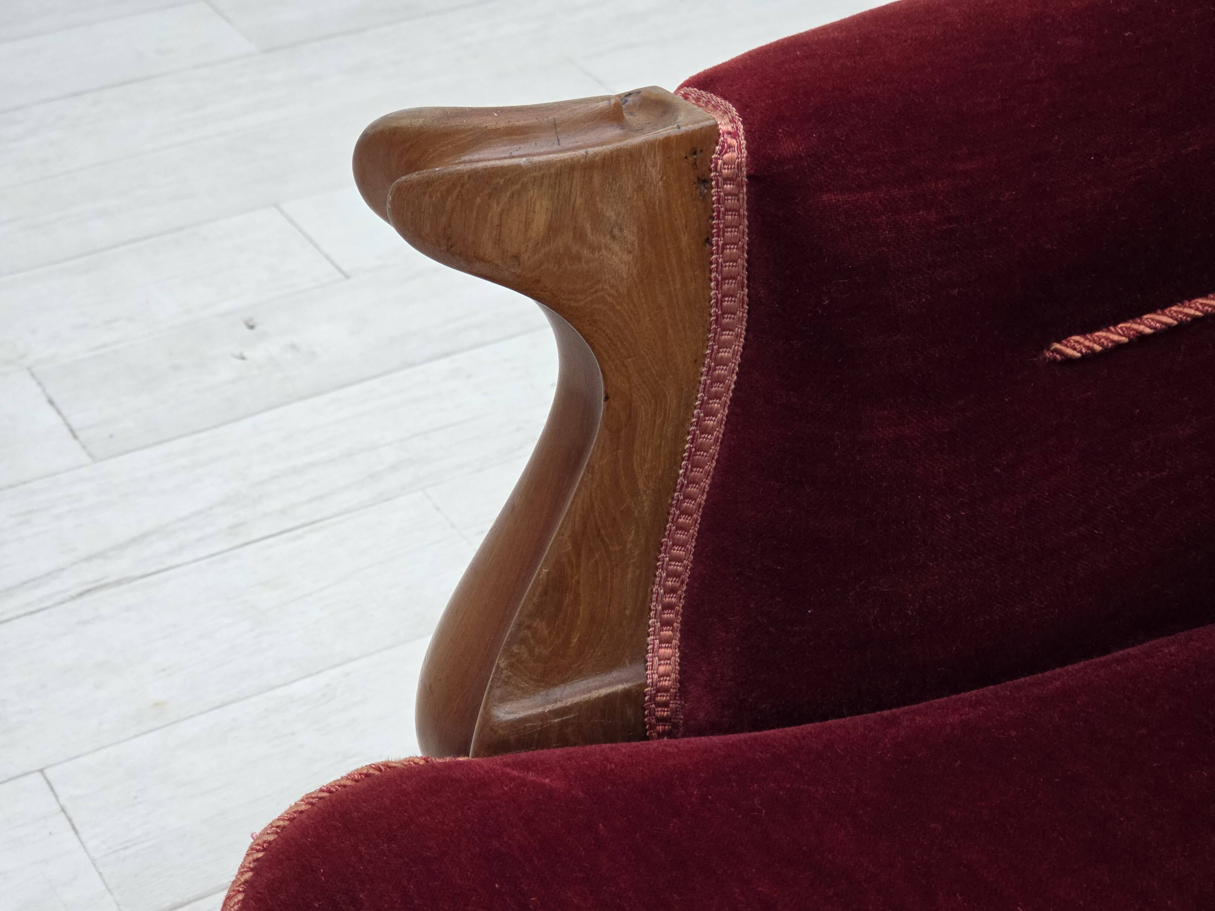 1930s, Danish 2-seater sofa, furniture velour, ash wood, reupholstered.