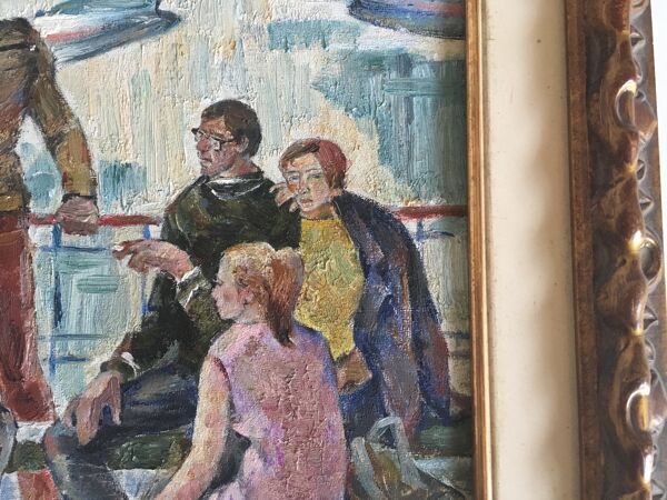 Scène d'intérieur avec guitare à l'aéroport Kiev, USSR, voyage huile 1974