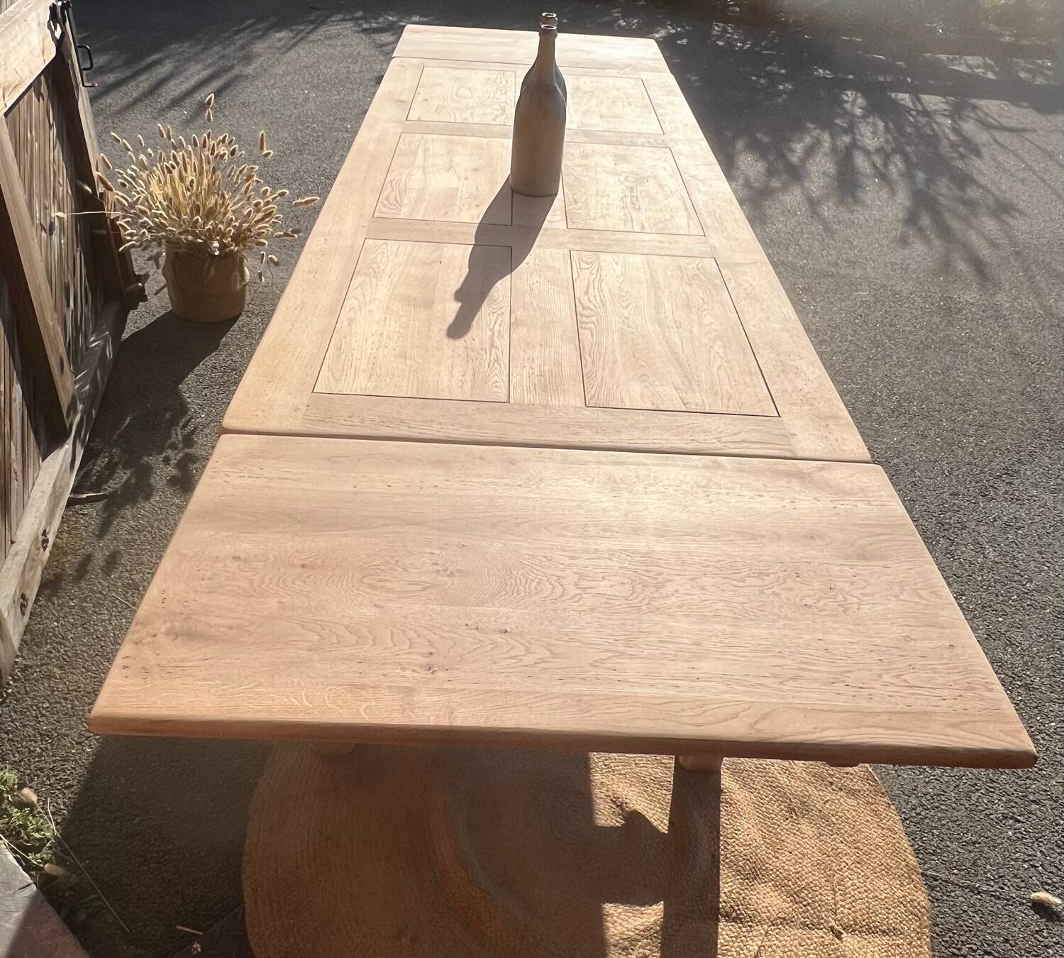 Large renovated family table with 2 extensions in raw solid oak, 3.18m.