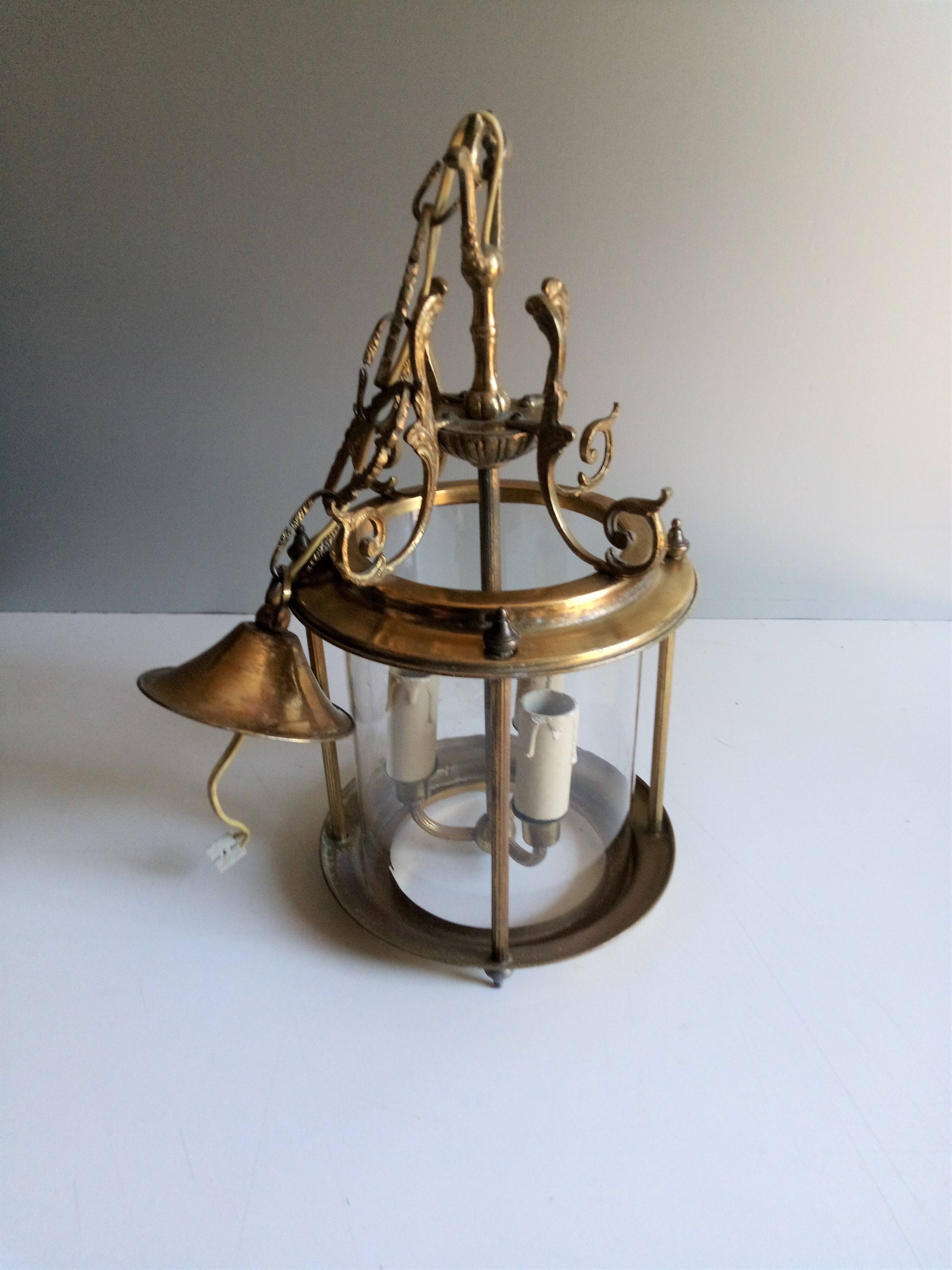 Antique entrance hall lantern - 3 lights - brass & convex glass