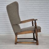 1960s, Scandinavian design, reupholstered high-back armchair, furniture wool, oak wood.