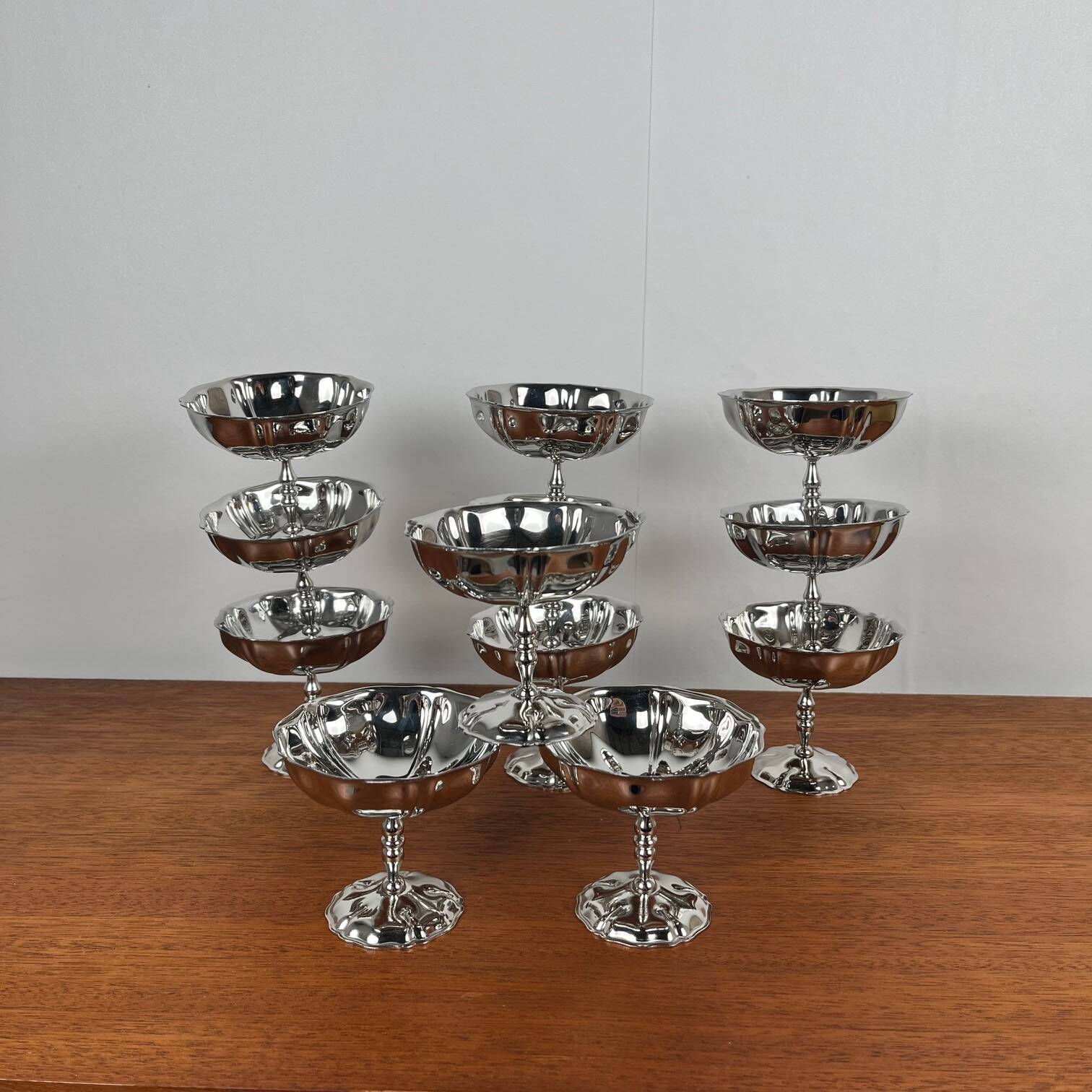 Set of 12 stainless steel ice cream cups, flower pattern, high foot