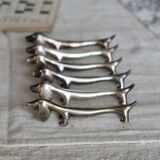 6 Vintage Dachshund Dog Knife Rests – Patinated Silver Metal