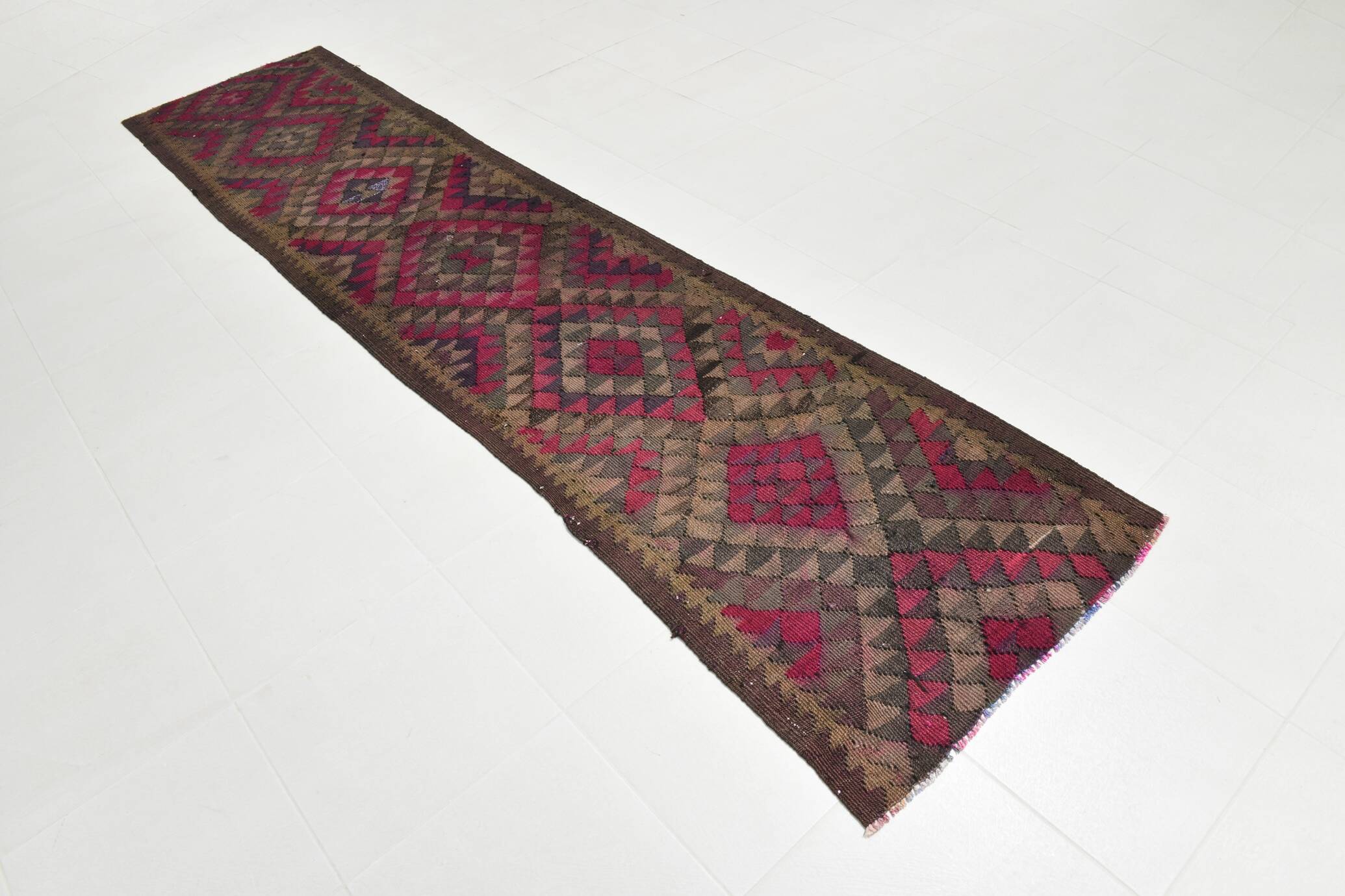 Burgundy Geometric Tribal Kilim Runner Rug, 80x342Cm