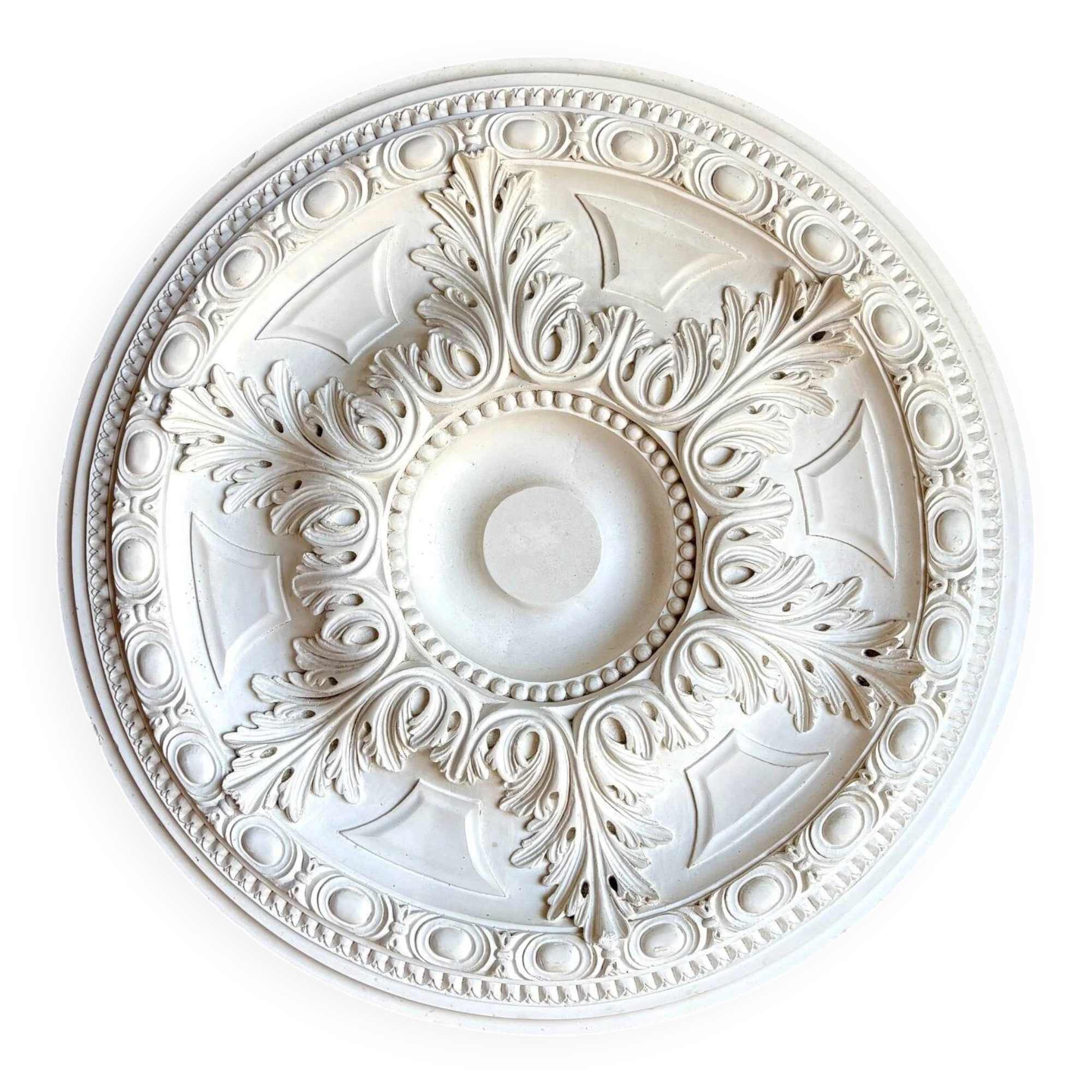 Rosette on white background, decorated with scrolls and beaded frieze ⌀ 61 cm