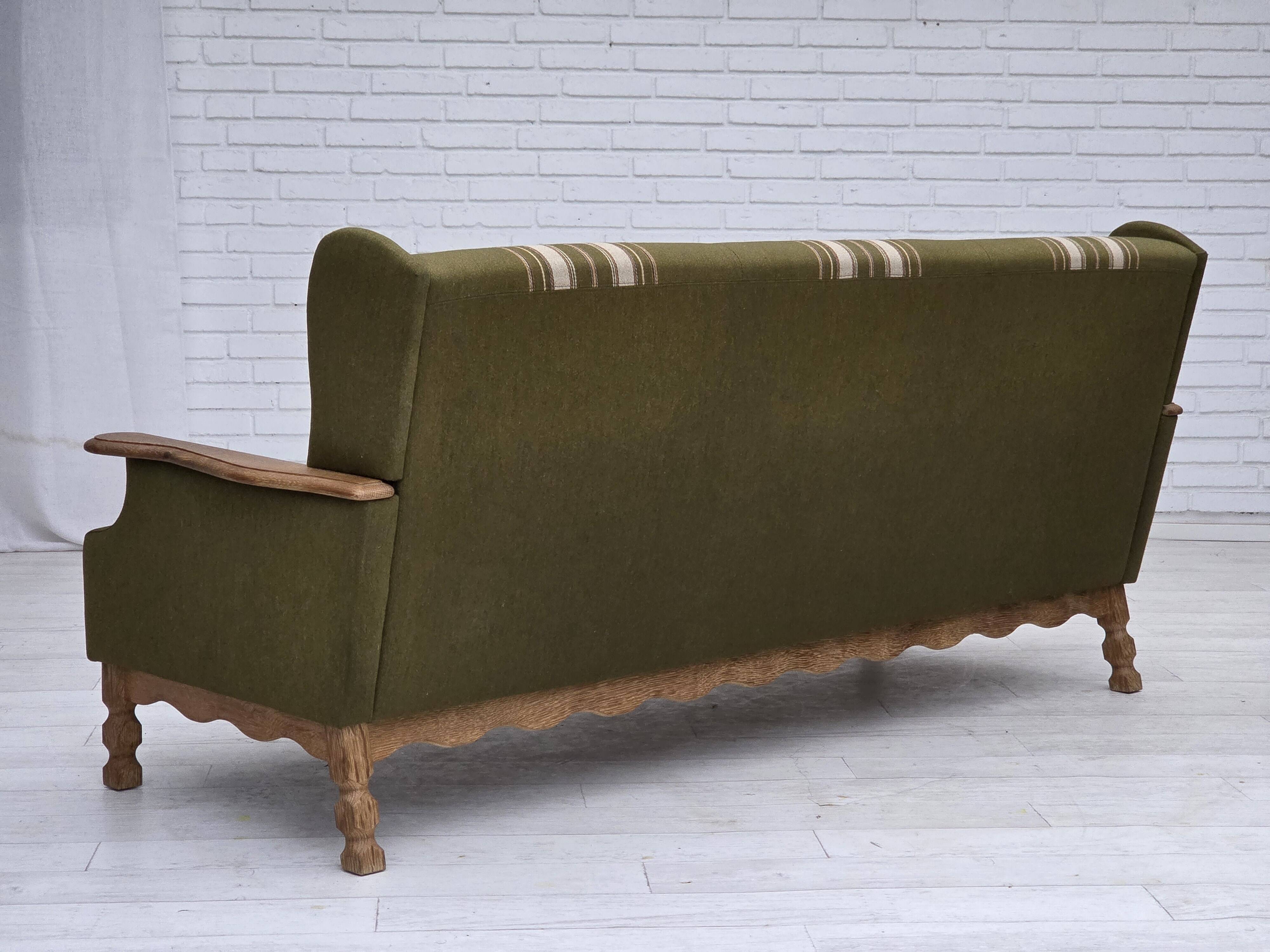 1970s, Danish 3-seater sofa, furniture wool, solid oak wood.