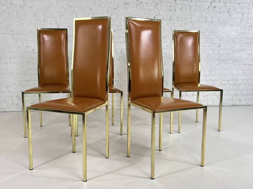 Set of 6 brass and leather chairs, Italian design from the 70s