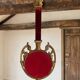 Vintage hanging mirror in gold metal and burgundy velvet – 63 × 24 cm