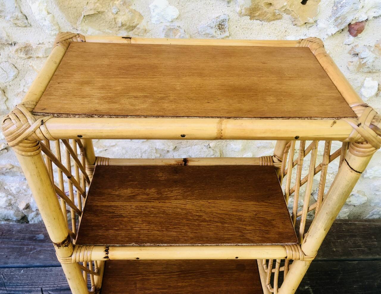 Wall shelf blond wood, bamboo, vintage rattan