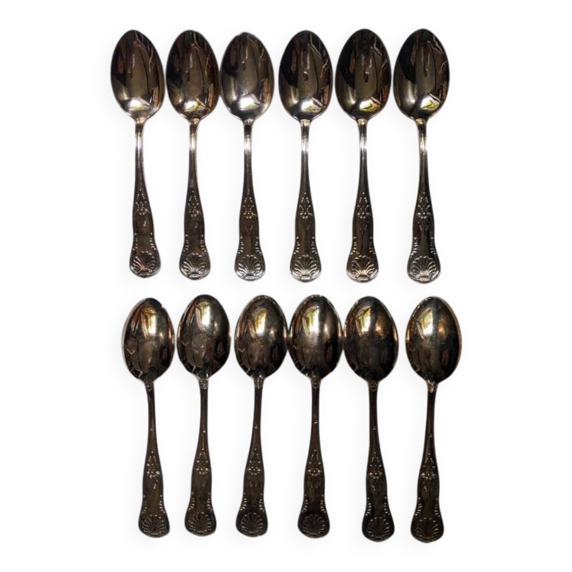 Set of 12 large silver metal spoons, stainless steel, shell