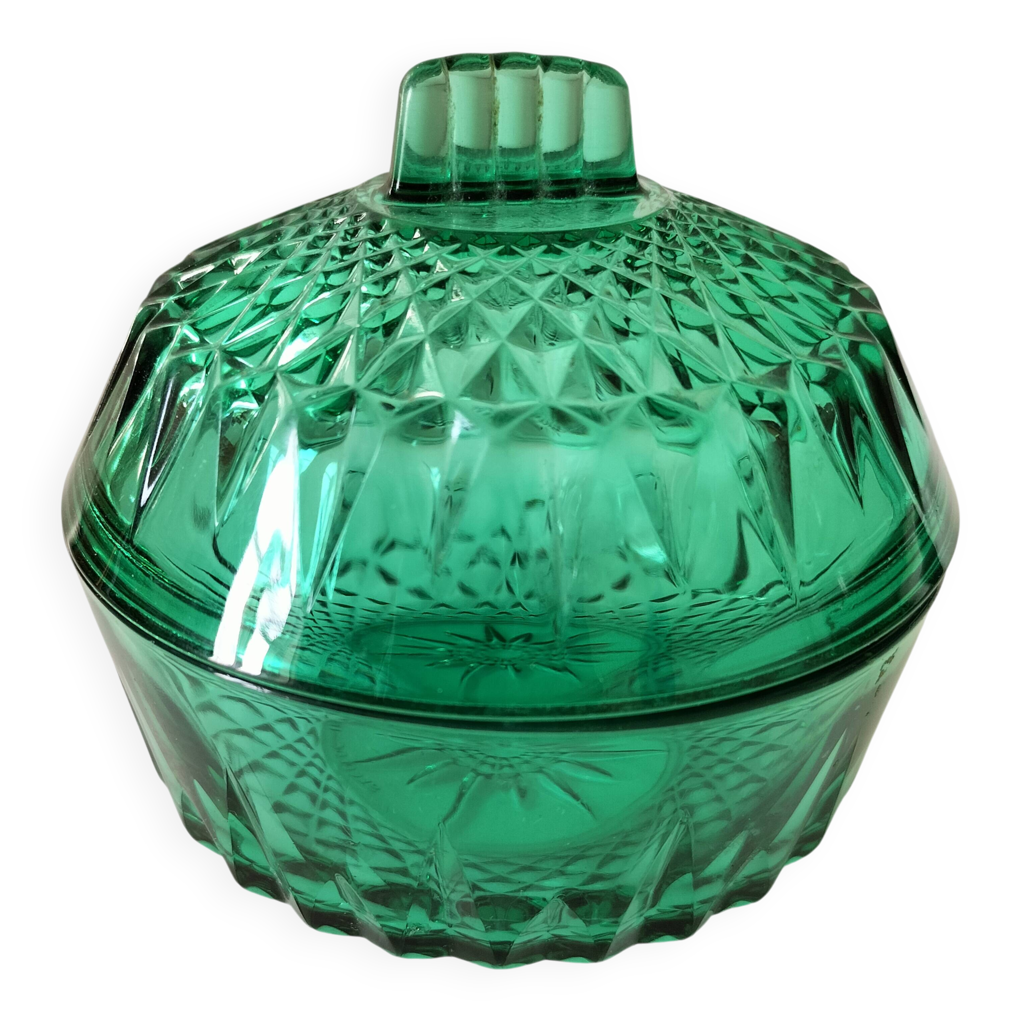 Vintage Arcoroc mint green cut glass sugar bowl or sweet jar