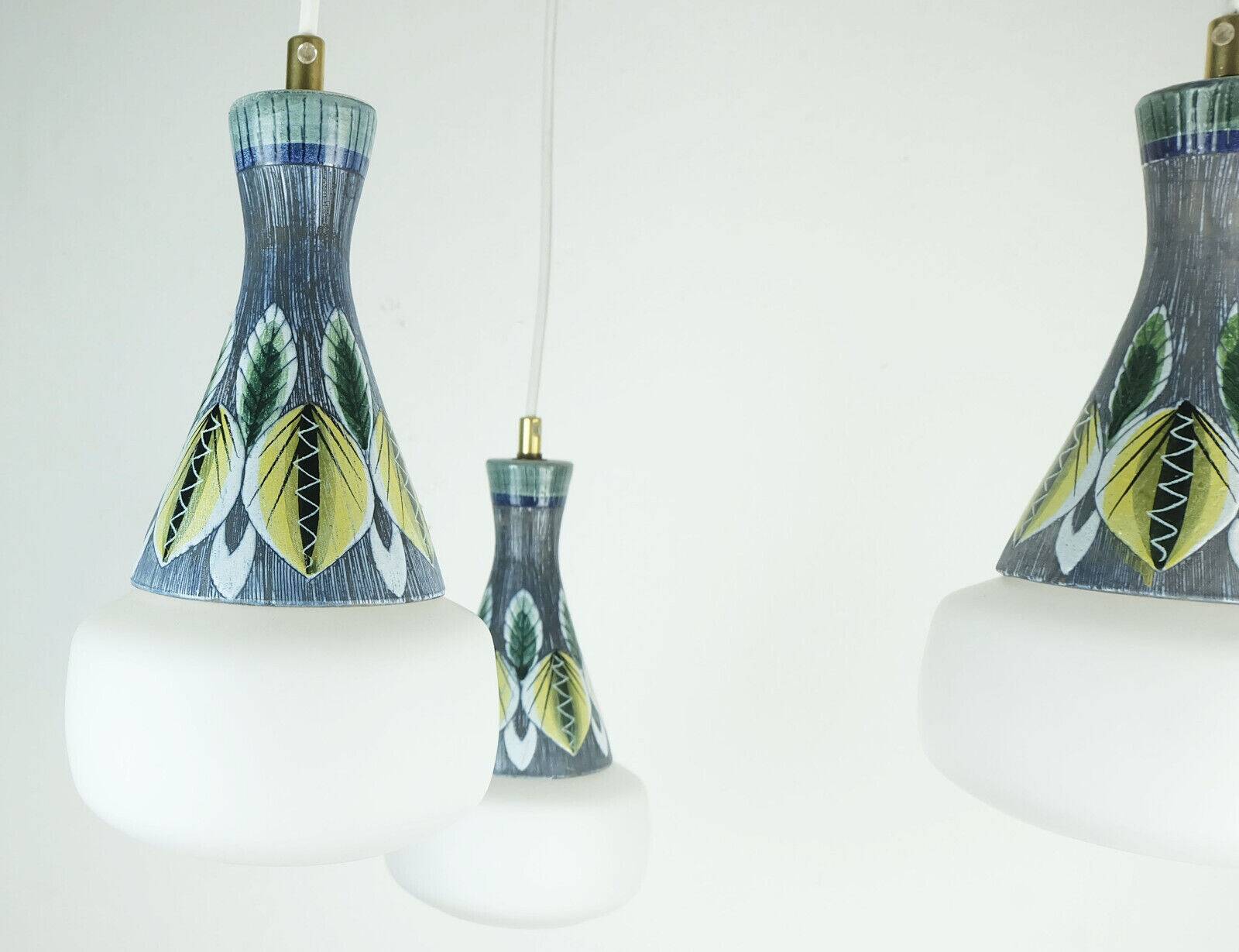 exceptionally beautiful danish modern PENDANT LIGHT teak opaline glass ceramic 3-light hanging lamp