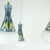 exceptionally beautiful danish modern PENDANT LIGHT teak opaline glass ceramic 3-light hanging lamp