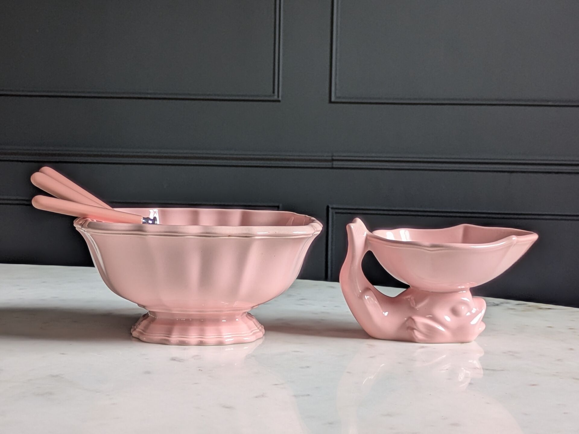 Vintage powder pink earthenware duo. Salins les Bains. 1950s.