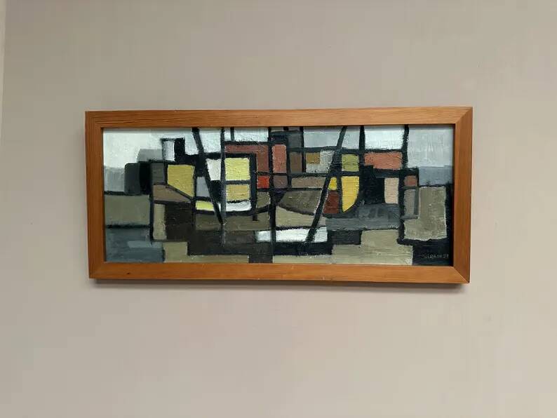 Original Swedish Oil on Canvas – “Abstract Composition” – Signed – Dated 1959 – Vintage & Framed – 77 × 35 cm