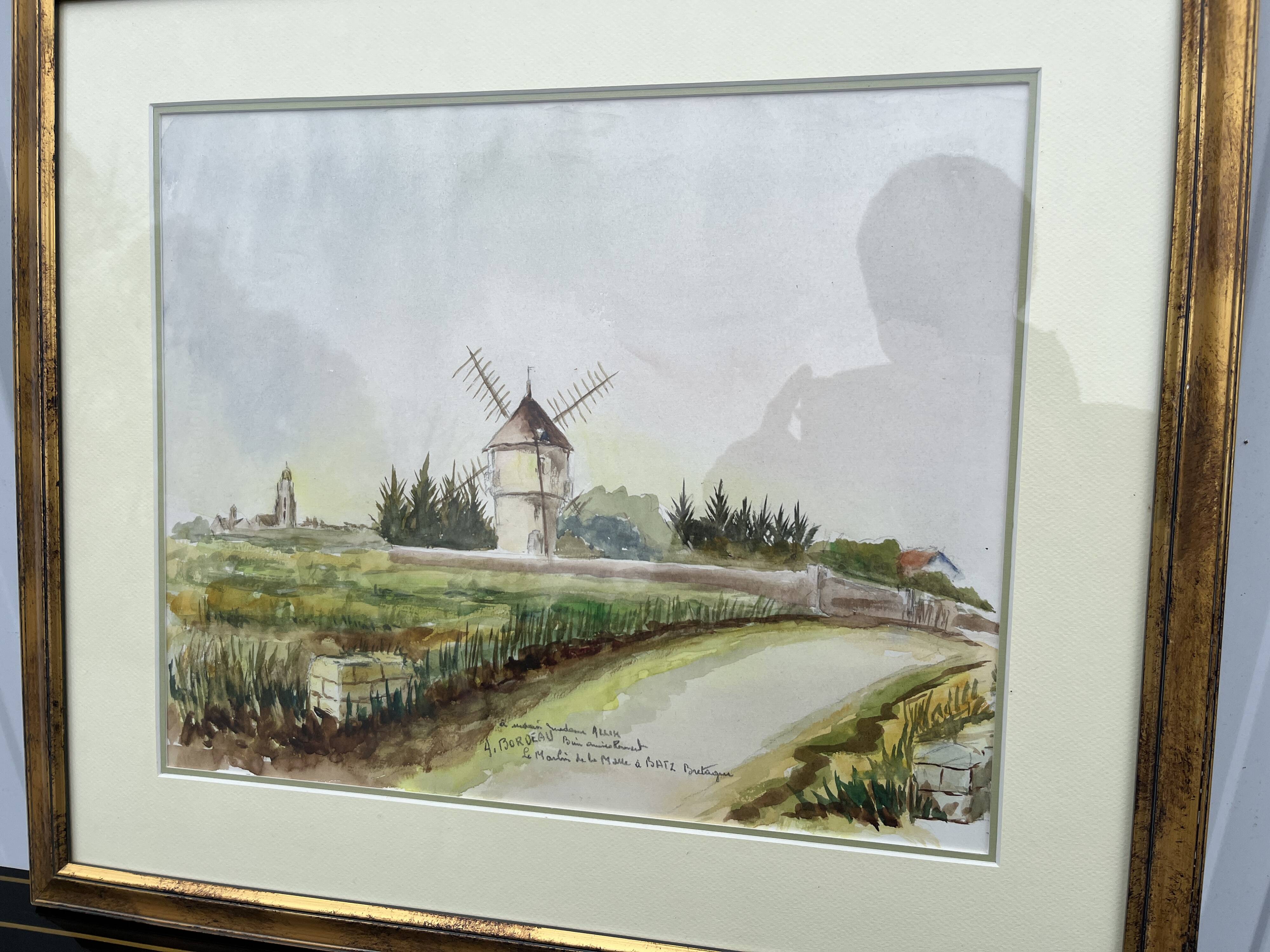 The Mill in Batz, Brittany – Watercolor signed "Bordeau"