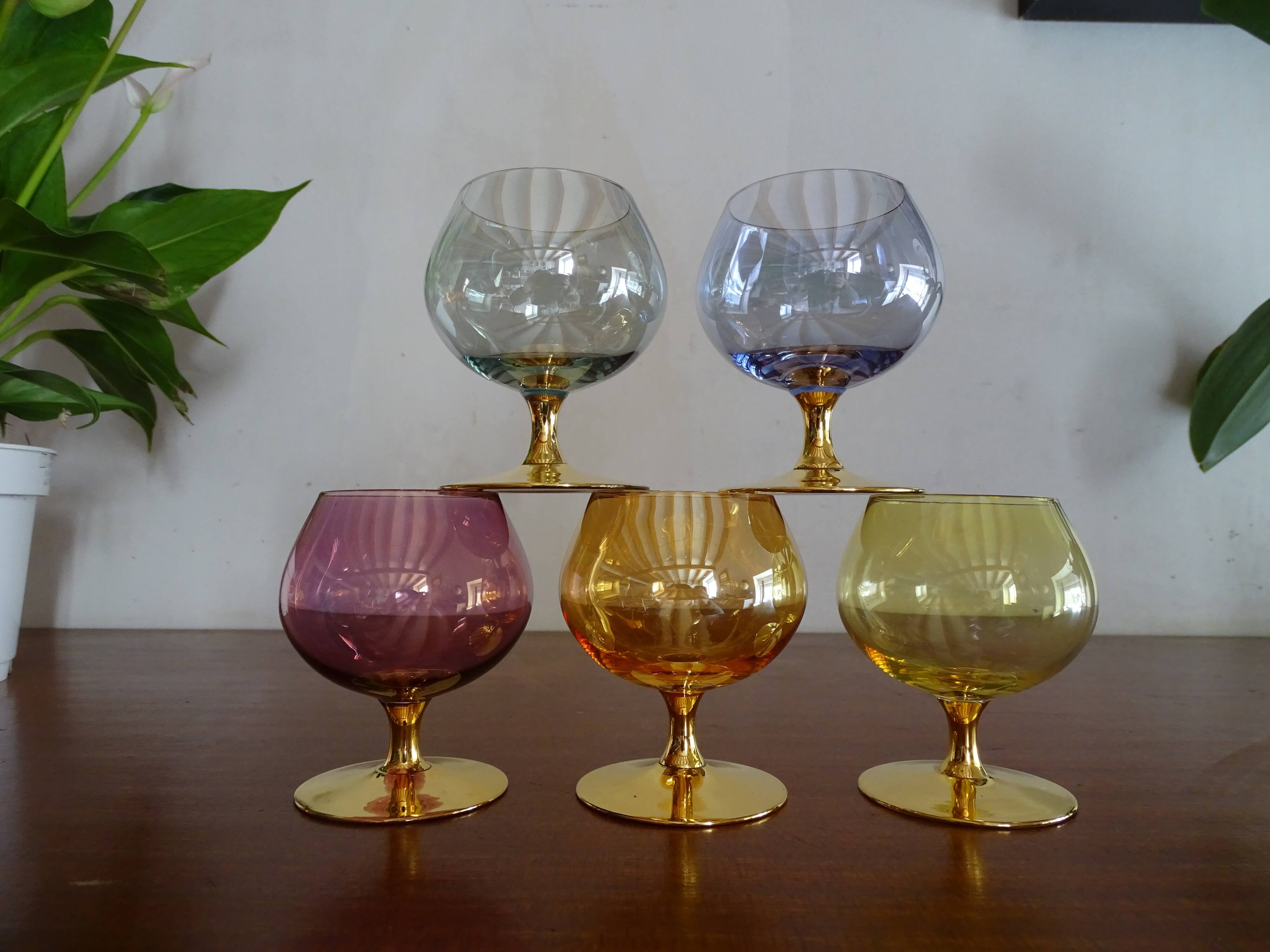 5 vintage coloured cognac glasses