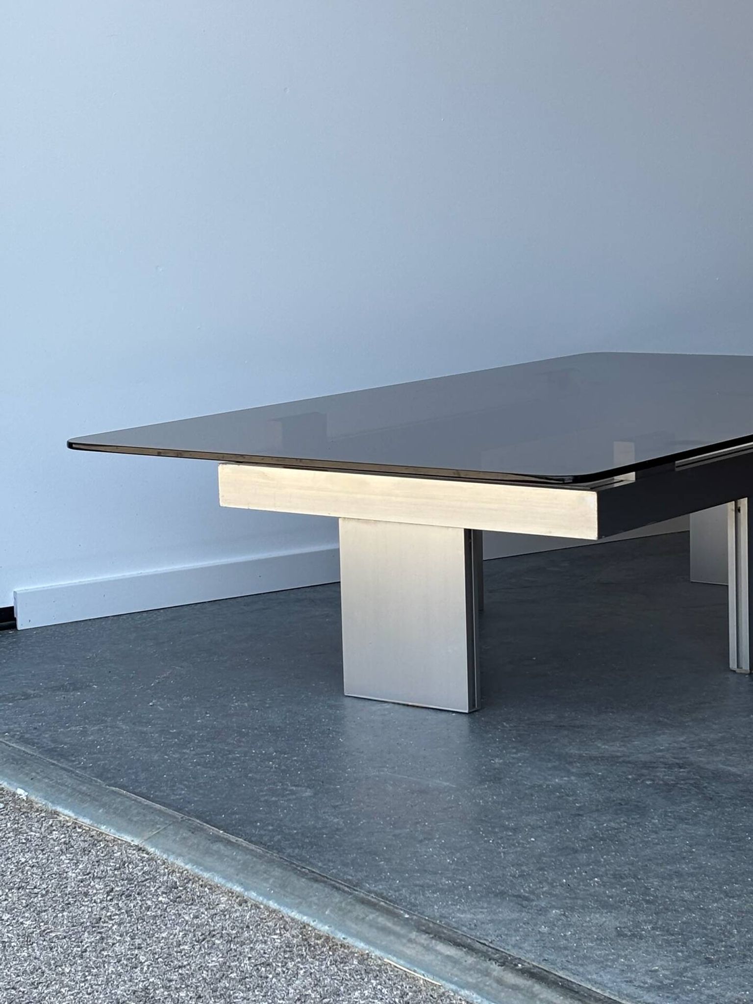 Large modernist coffee table in aluminium and smoked glass, 1970.