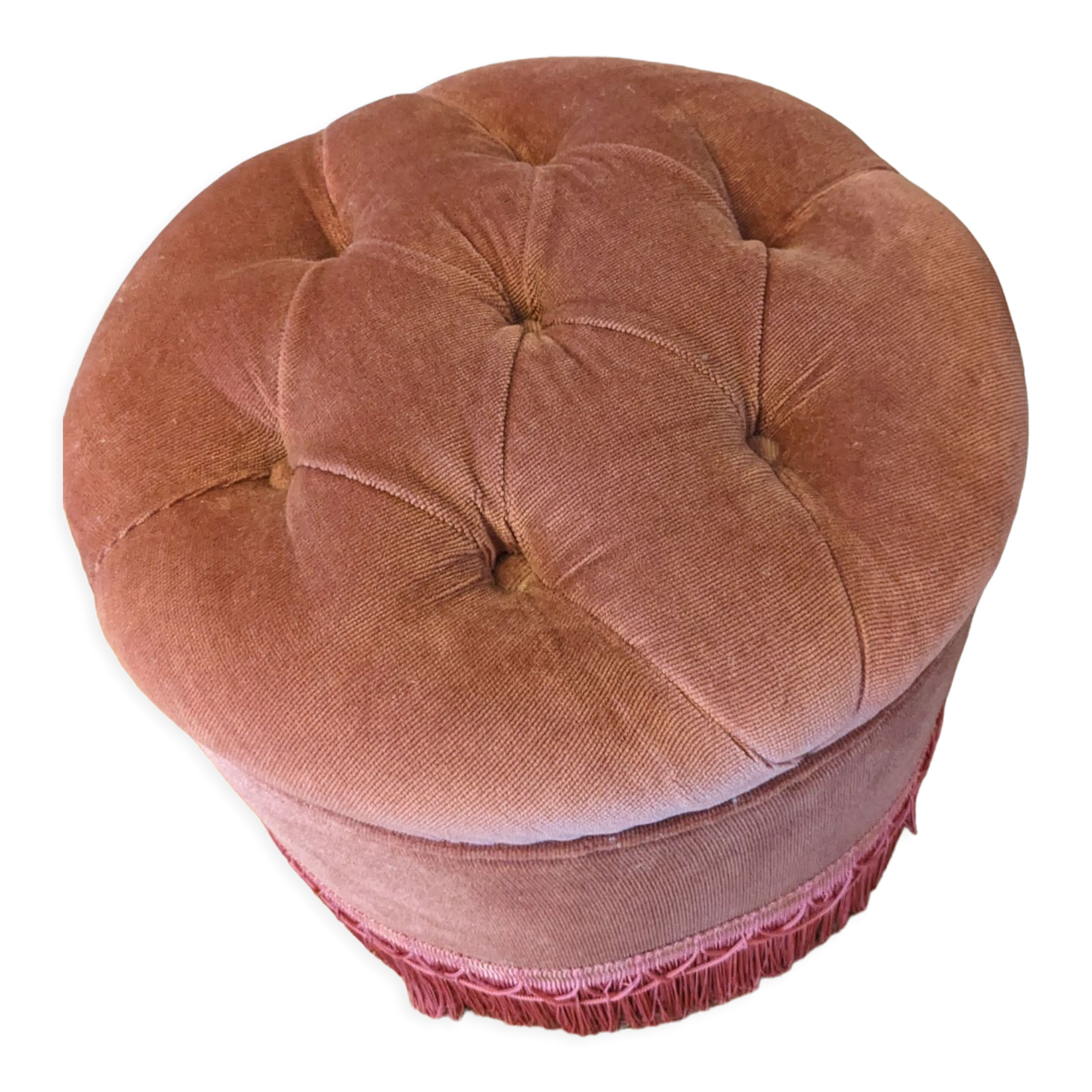 Pouf or footrest in pink velvet with fringes