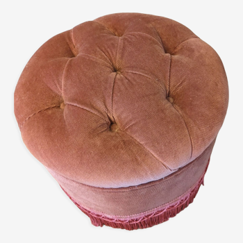 Pouf or footrest in pink velvet with fringes