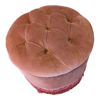 Pouf or footrest in pink velvet with fringes