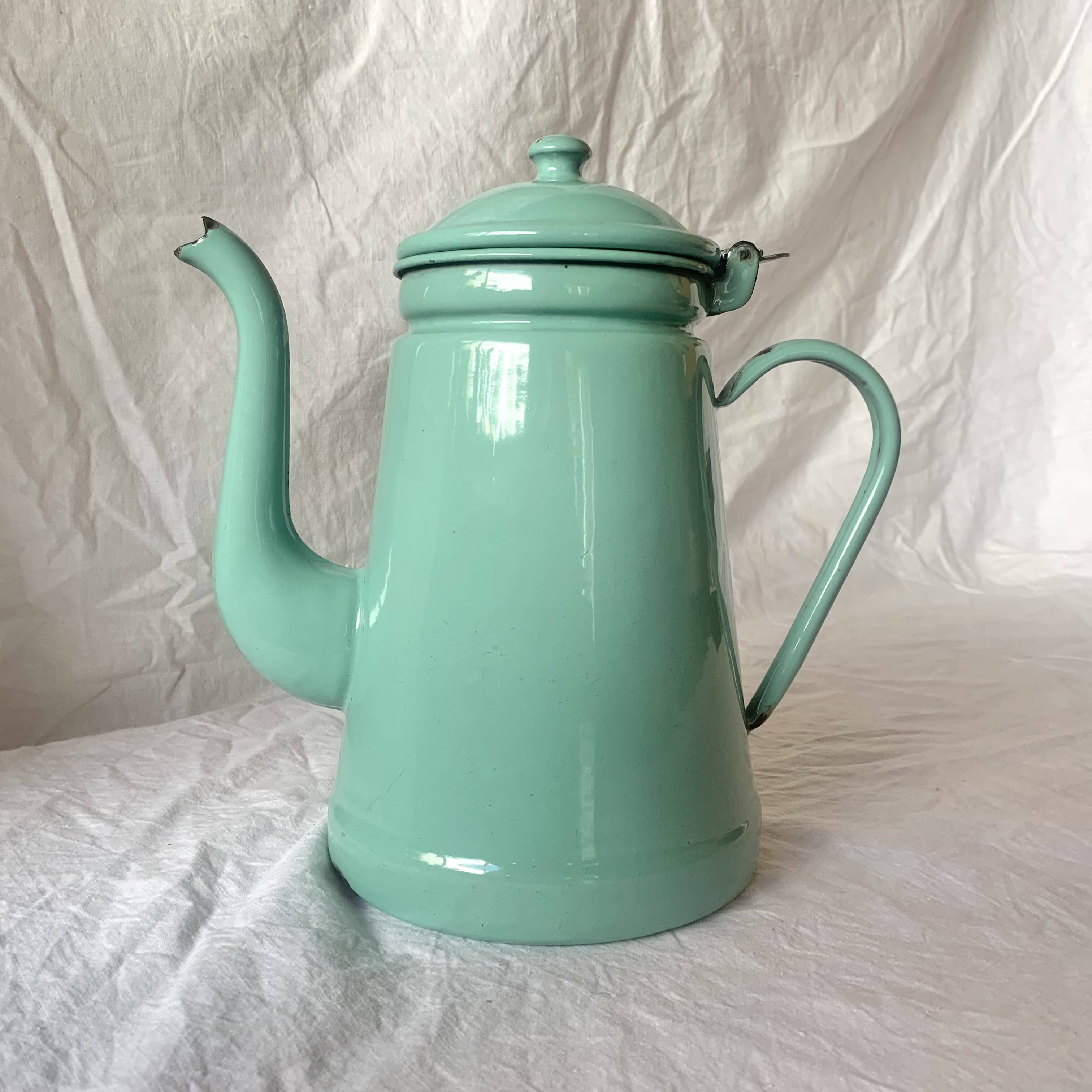 Vintage green enameled sheet metal coffee pot