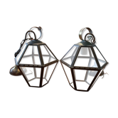 Pair of brass and glass hanging lamps