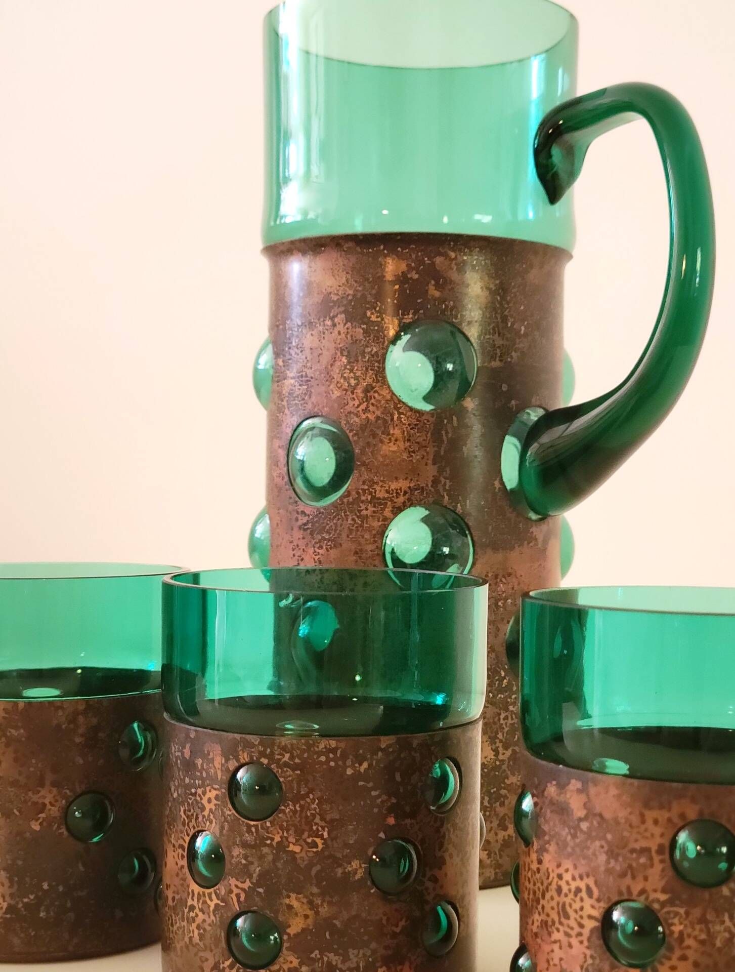 Vintage brutalist drinks set of green glass and patinated copper