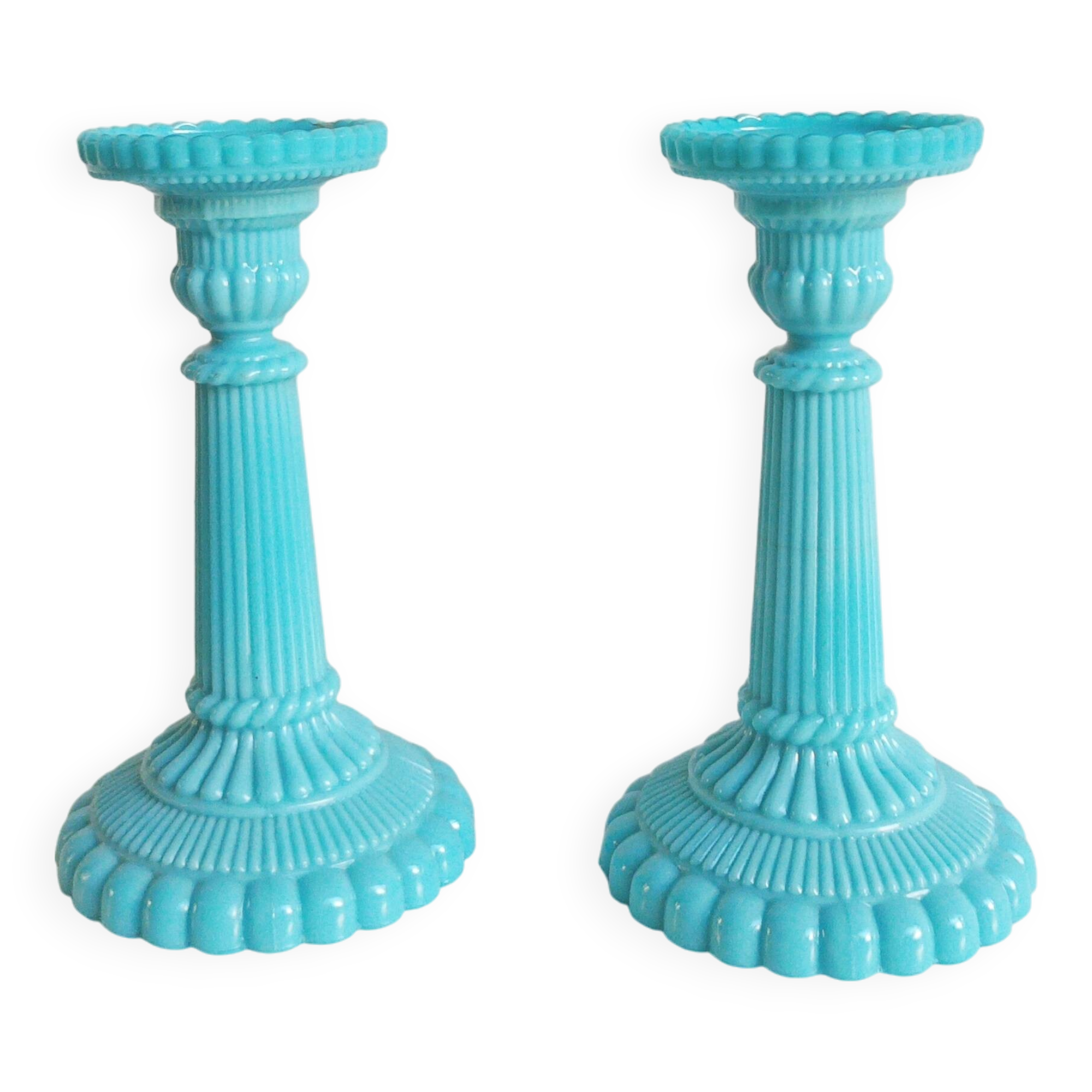 Antique blue opaline candlesticks Portieux Vallerysthal