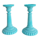 Bougeoirs anciens opaline bleu Portieux Vallerysthal