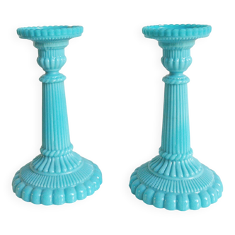 Bougeoirs anciens opaline bleu Portieux Vallerysthal
