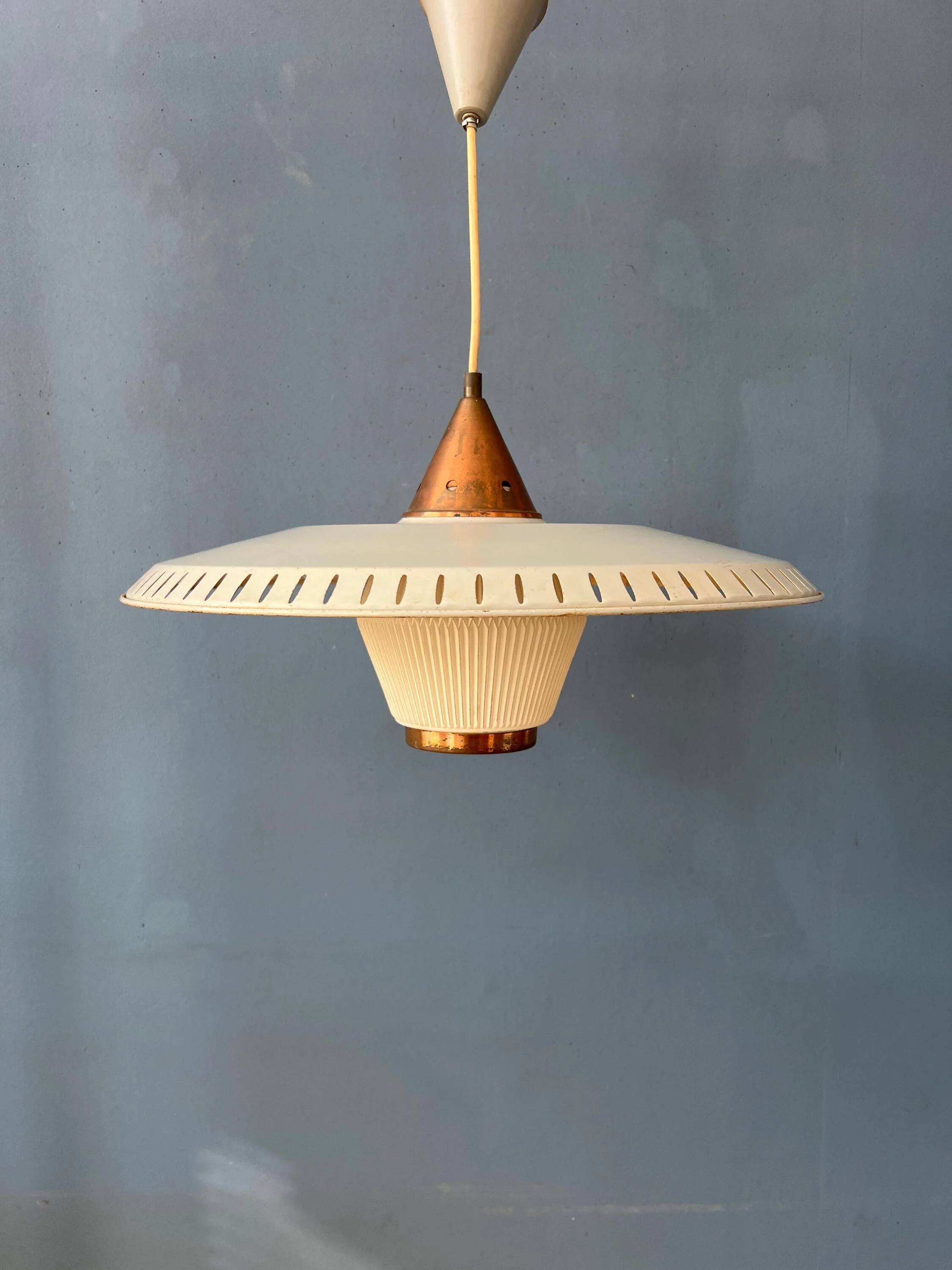 Vintage suspension by Louis Kalff in enamelled metal and opaline glass.