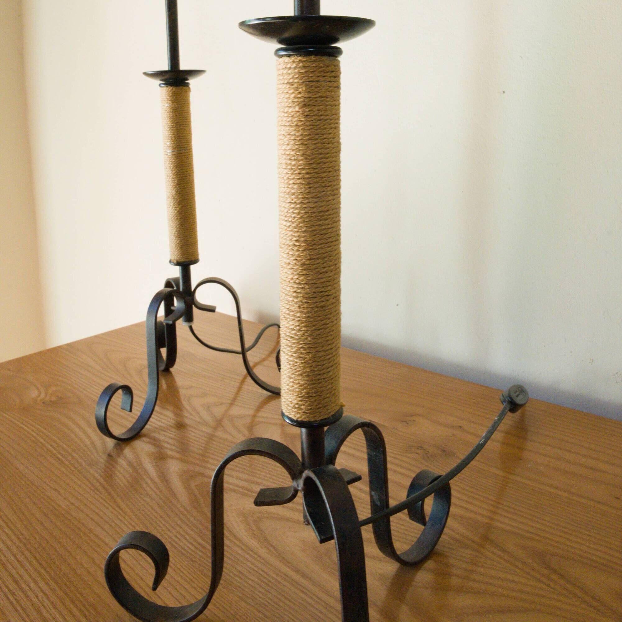 Pair of wrought iron and rope table lamps, adjustable lampshade.