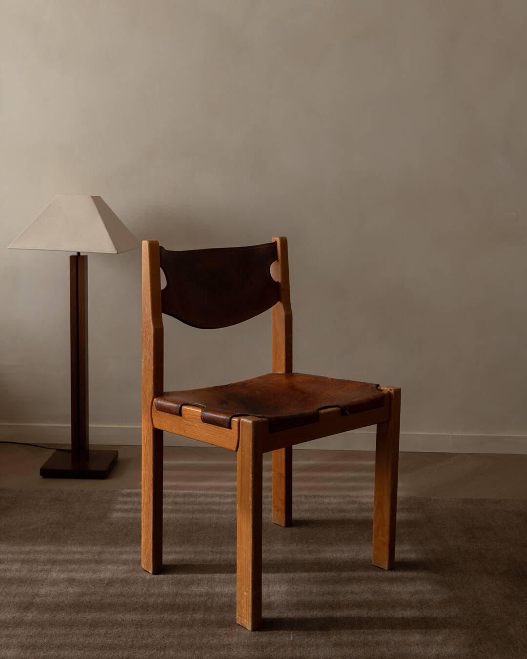 Vintage Maison Regain Pine & Cognac Leather Chair, France 1970s