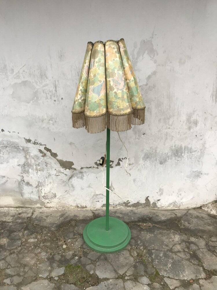 Mid-century green plastic and wood floor lamp, coral fringed shade (1950s)