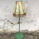 Mid-century green plastic and wood floor lamp, coral fringed shade (1950s)